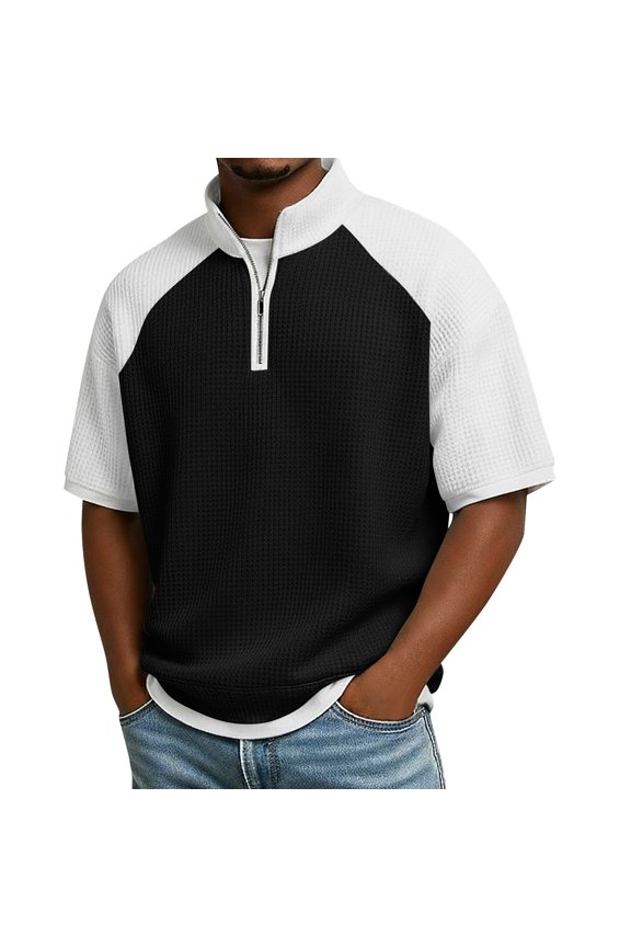 Waffle Mens 1/4 Zip Pullover Patchwork Raglan Men Shirt Short Sleeve Gym Workout Running Jerseys for Men Black M