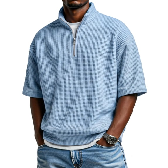 Hearthz Waffle Mens Quarter Zip Pullover Stand Collar Shirts for Men Short Sleeve Lightweight Running Gym Baseball Jersey Light Blue XXL