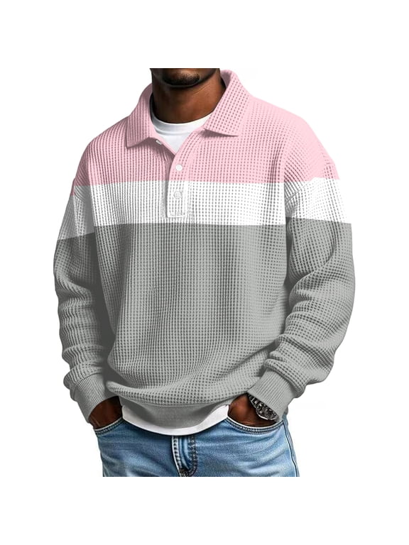Waffle Polo Shirts for Men 1/4 Button Collared Men's Long Sleeve Shirt Big and Tall Color Block Warm Knitted Pullover Sweaters for Men