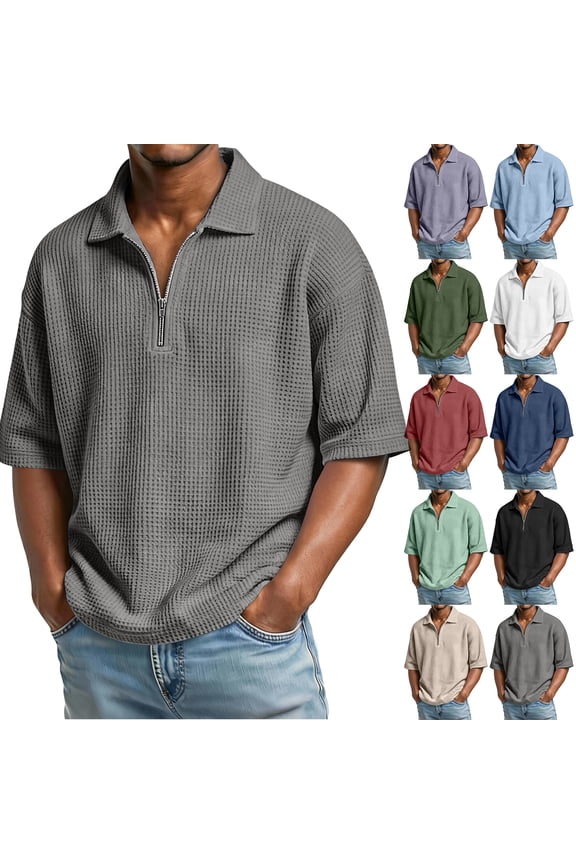 Waffle Polo Shirts for Men 1/4 Zip Pullover Mens Lightweight Collared Polo Shirt Textured Knit Tops Mens Short Sleeve Shirts