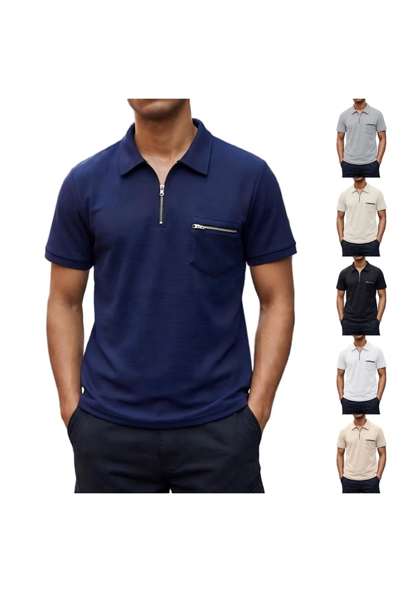 Waffle Polo Shirts for Men Mens Half Zip Pullover Lapel Collar Polo Shirt Textured Knit Tops Men Short Sleeve Shirt with Pocket