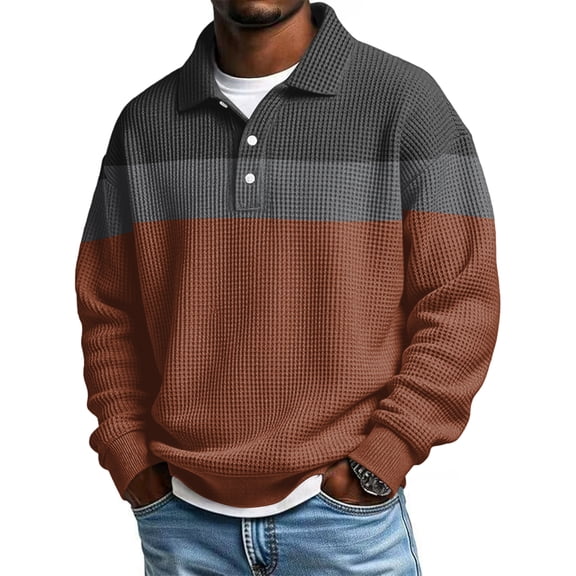 Hearthz Waffle Polo Shirts for Men Quarter Button Collared Long Sleeve Shirts for Men Big and Tall Color Block Warm Knitted Mens Pullover Sweater