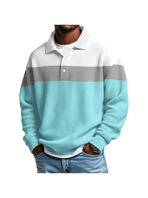 Waffle Polo Shirts for Men Quarter Button Collared Men’s Long Sleeve Shirts Big and Tall Color Block Warm Knitted Men's Pullover Sweaters