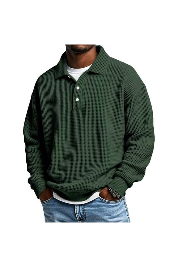 Waffle Polo Shirts for Men Quarter Button Collared T Shirts for Men Long Sleeve Big and Tall Warm Knitted Pullover Sweatshirts for Men