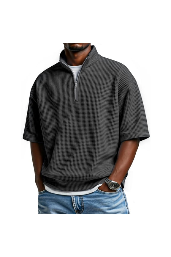 Waffle Quarter Zip Sweatshirt Men Stand Collar Men Shirts Short Sleeve Lightweight Gym Basketball Baseball Jersey Black XXL
