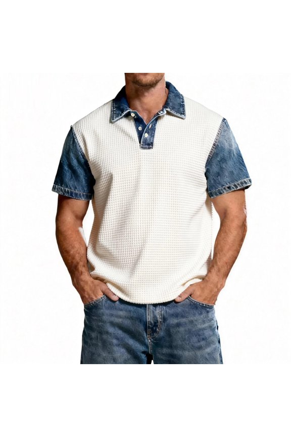 Waffle Raglan Mens Short Sleeve Shirt Lapel Collar Patchwork T Shirts for Men Lightweight Running Gym Jerseys for Men Blue S