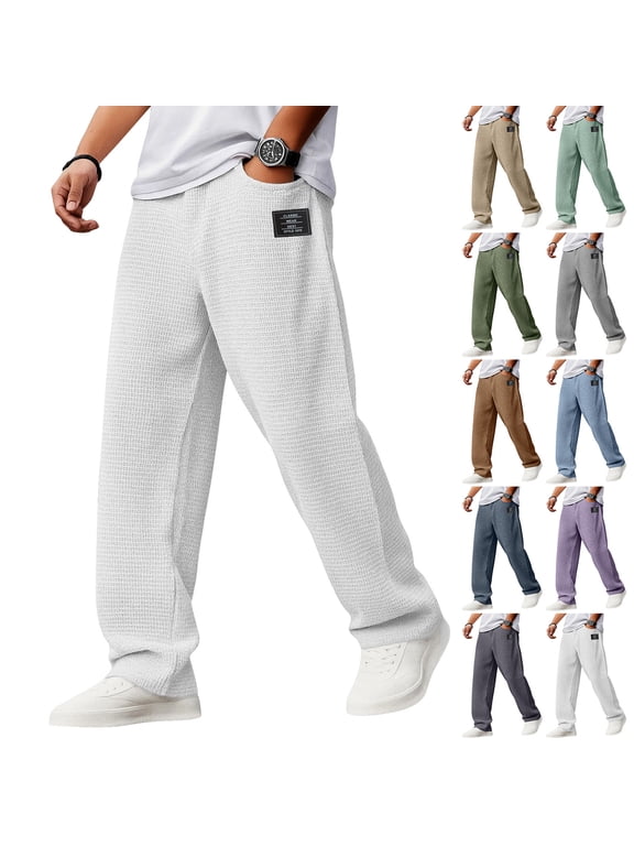 Waffle Sweatpants Men Wide Leg Hiking Pants Men Lightweight Elastic Waist Drawstring Palazzo Cotton Jogging Pants Black L
