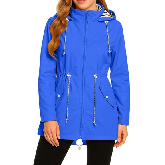 Hearthz Waterproof Rain Jacket with Hood Zip Up Lightweight Wind Breaker Long Jackets for Women Womens Coat with Pockets