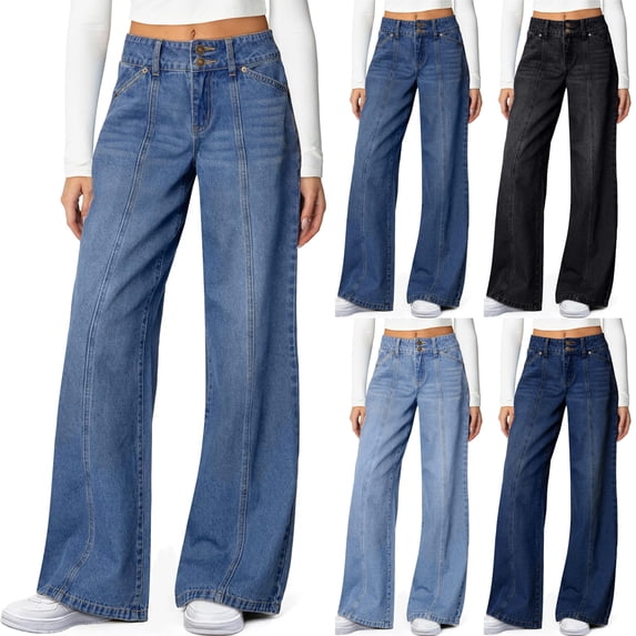 Hearthz Wide Leg Womens Jeans High Waisted Stretchy Straight Leg Baggy Womens Jeans Trendy Seamed Front Loose Denim Pants with Pockets