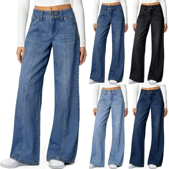 Hearthz Wide Legs Jeans for Women High Waisted Stretchy Straight Leg Baggy Women Jeans Trendy Seamed Front Loose Denim Pants with Pockets