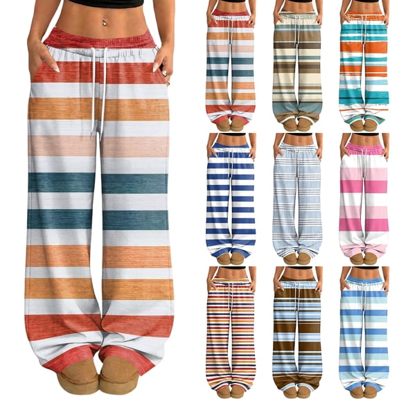 Hearthz Womans Pajama Pants Drawstring Wide Leg Striped Womens Lounge Pants Baggy Soft Comfy Lightweight Sleep Pants for Women Soft