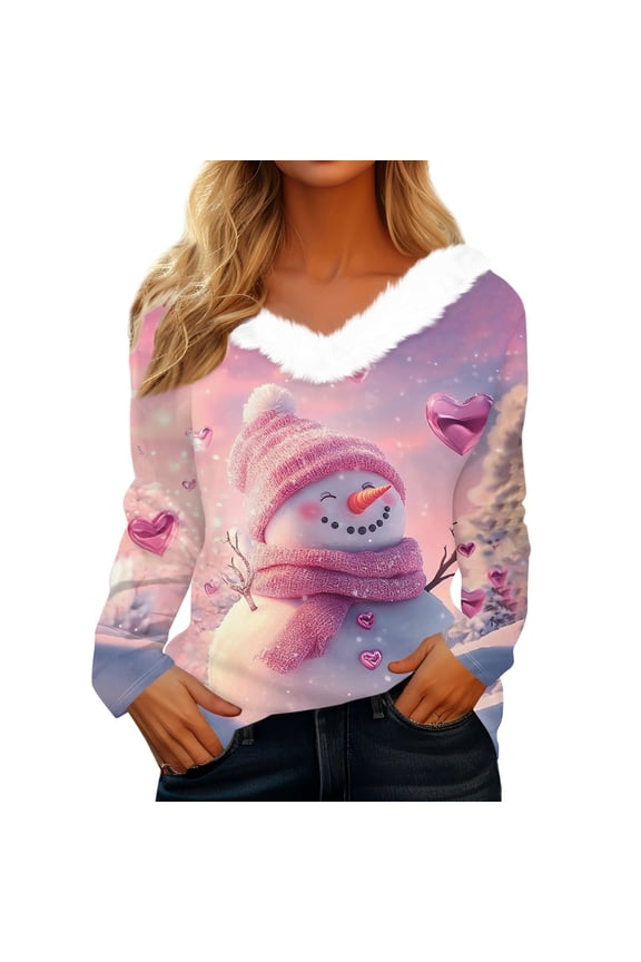 Women Christmas Sweater Faux Fur Trim V Neck Sweatshirts Xmas Christmas Snowman Print Women Top Winter Warm Long Sleeve Pullover Tops