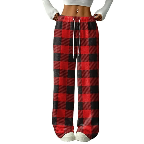 Hearthz Women Fleece Pajamas Plaid Fluffy Fuzzy Fleece Elastic Waist Wide Leg Sleep Pants with Pockets Fall Winter Warm Pj Bottoms