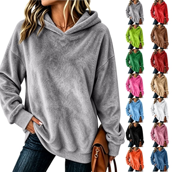 Hearthz Women Fuzzy Plush Drawstring Hoodie Solid Color Drop Shoulder Womens Fleece Hoodie Fall Winter Warm Lightweight Sweatshirts for Women with Pocket Green S