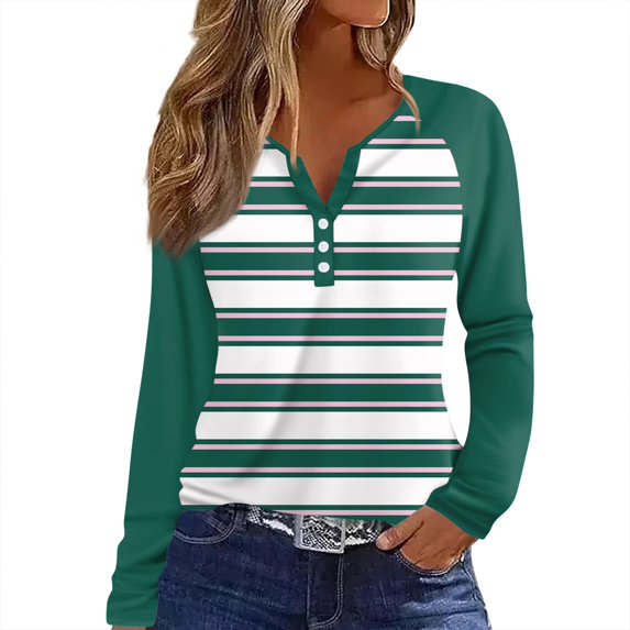 Hearthz Women Long Sleeve Tops Color Block V-Neck Button Henley Tops for Women Cotton Fall Fitted Basic Tee Raglan Sleeve Tops for Women