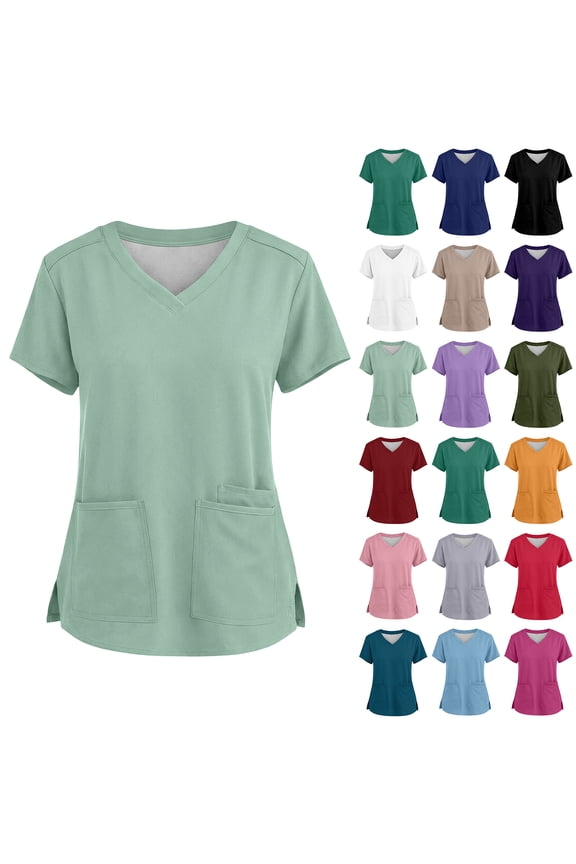 Women Scrub Tops V Neck Short Sleeve Women Nurse Uniform with Pocket Royal Blue Womens Scrubs Tops