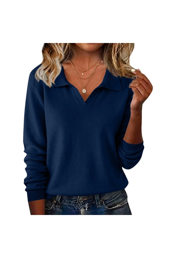 Women V Neck Sweater Ribbed Basic Collared Long Sleeve Shirt Women Knit Spring Winter Lightweight Womens Tops
