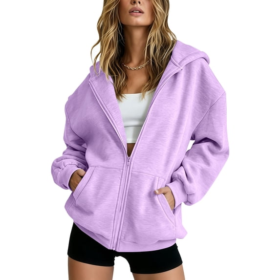 Hearthz Women Zip Up Hoodie Jacket Solid Color Drop Shoulder Lightweight Zip Up Hoodie Women Fall Winter Warm Sweatshirts for Women Trendy with Pocket Light Purple M