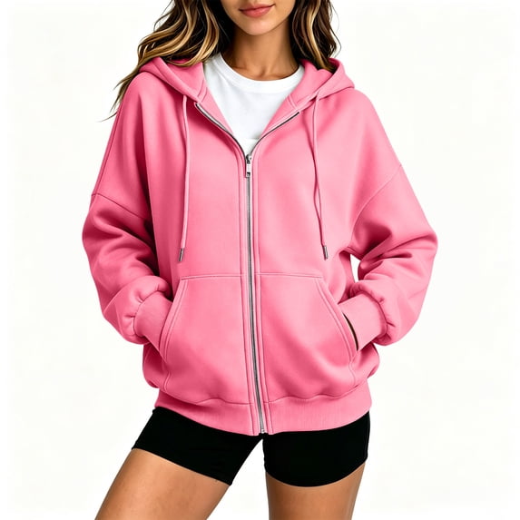 Hearthz Women Zip Up Hoodie Jacket Solid Color Drop Shoulder Women's Zip Up Hoodie Fall Winter Warm Women’s Jackets with Pocket Pink XL