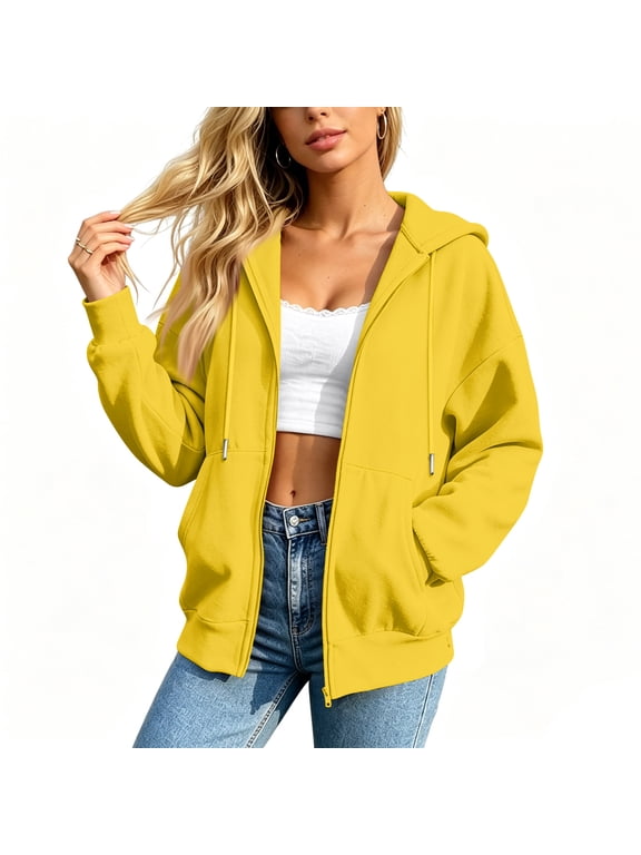 Women Zip Up Hoodie Jacket Solid Color Drop Shoulder Womens Zip Up Hoodie Fall Winter Warm Women Jacket with Pocket Yellow L