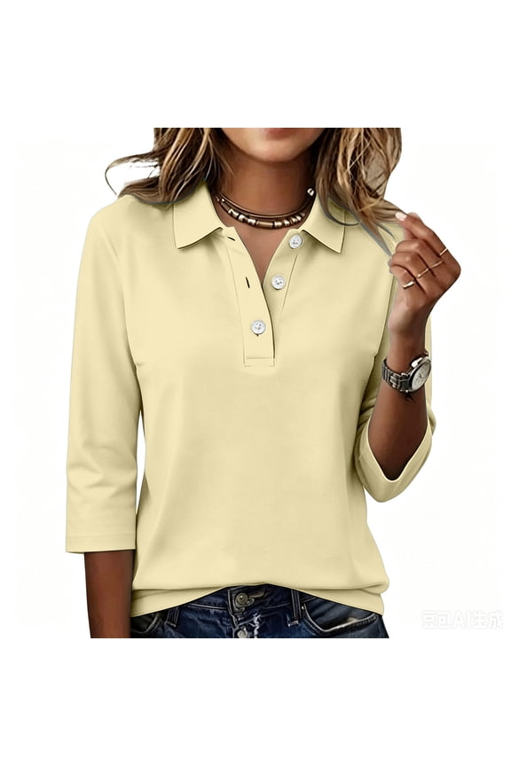 Women's 3/4 Sleeve Athletic Golf Shirts Casual Button V-Neck Tunic Tops for Women Business Dressy Shirts for Women