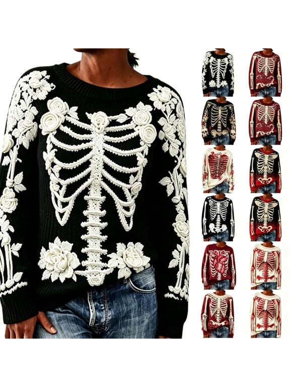 Women’s 3d Floral Skeleton Jacquard Knit Sweaters for Women Trendy Crew Neck Long Sleeve Knitted Sweater for Women Fall Winter Women's Pullover Sweaters for Cool Weather