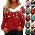 thumbnail image 1 of Hearthz Women's Christmas Sweaters Faux Fur Trim V Neck Sweatshirts Xmas Christmas Snowflake Print Tops for Women Winter Warm Long Sleeve Pullover Tops, 1 of 6
