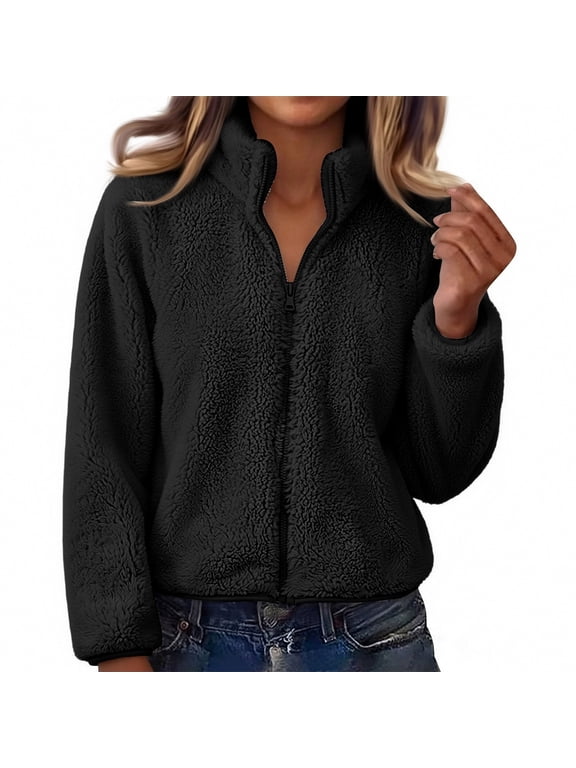 Women's Cropped Stand Collar Fuzzy Fleece Jacket, Full Zip Up Teddy Sherpa Long Sleeve Coat, Soft Lightweight Casual Outerwear for Fall Winter Daily Travel
