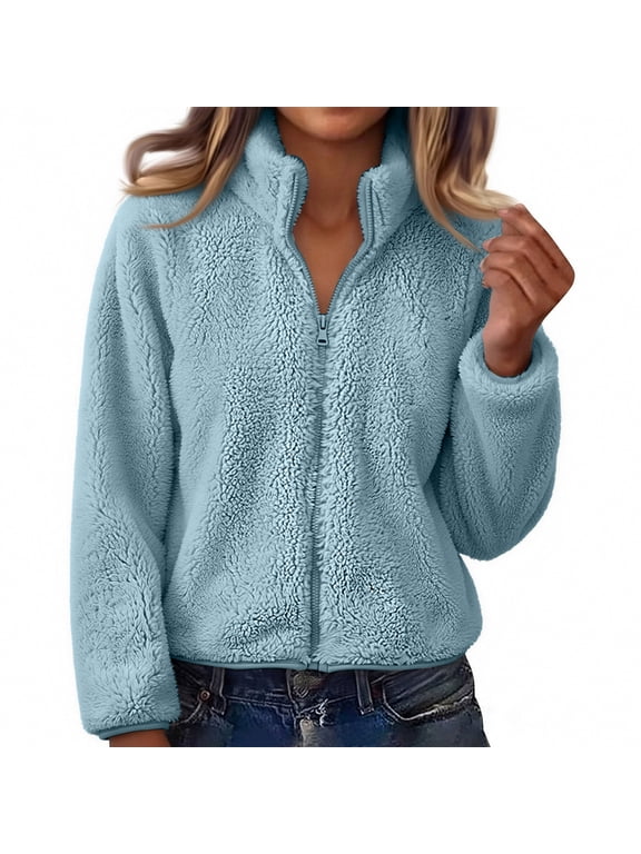 Women's Cropped Stand Collar Fuzzy Fleece Jacket, Full Zip Up Teddy Sherpa Long Sleeve Coat, Soft Lightweight Casual Outerwear for Fall Winter Daily Travel