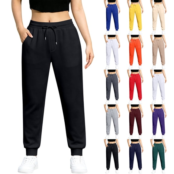 Hearthz Women's Fleece Lined Cuffed Jogger Pants Solid High Waist Cuffed Casual Trousers Winter Warm Joggers for Women Athletic Workout Gym Fleece Lined Pants Women White M