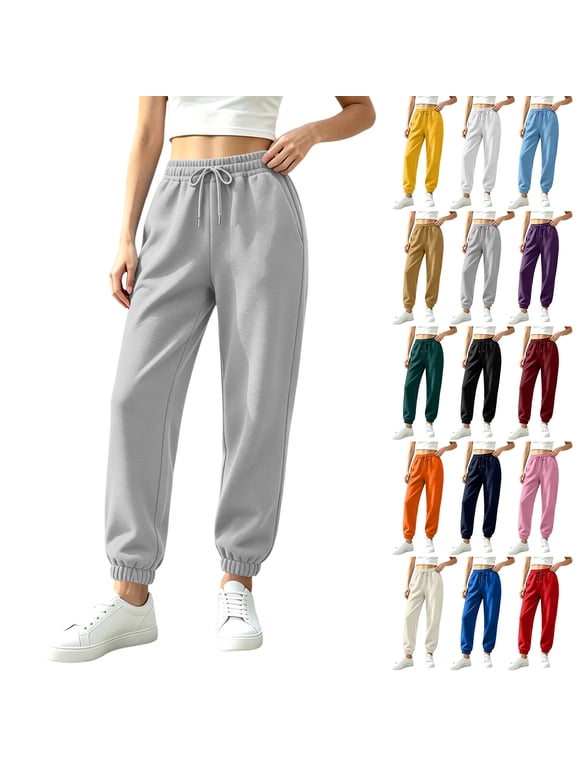 Women's Fleece Lined Jogger Sweatpants Solid High Waist Cuffed Casual Trousers Winter Warm Sweat Pants for Womens Athletic Workout Gym Fleece Lined Pants Women Light Gray XXXL