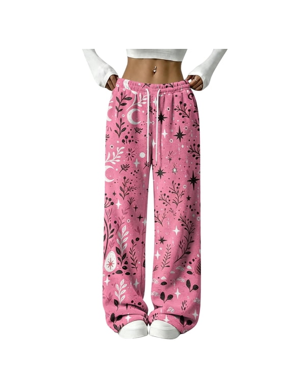 Women's Fleece Pants Moon Star Print Wide Leg Pj Bottoms for Women Elastic Drawstring High Waist Sleeping Pants Women Women's Fuzzy Plush Pajama Pants