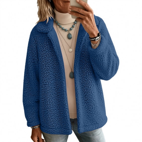Hearthz Women's Lapel Collar Cropped Sherpa Jacket, Open Front Fluffy Teddy Fleece Long Sleeve Coat with Side Pockets, Casual Lightweight Outerwear for Fall Winter Daily Travel