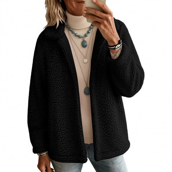 Hearthz Women's Lapel Collar Cropped Sherpa Jacket, Open Front Fluffy Teddy Fleece Long Sleeve Coat with Side Pockets, Casual Lightweight Outerwear for Fall Winter Daily Travel