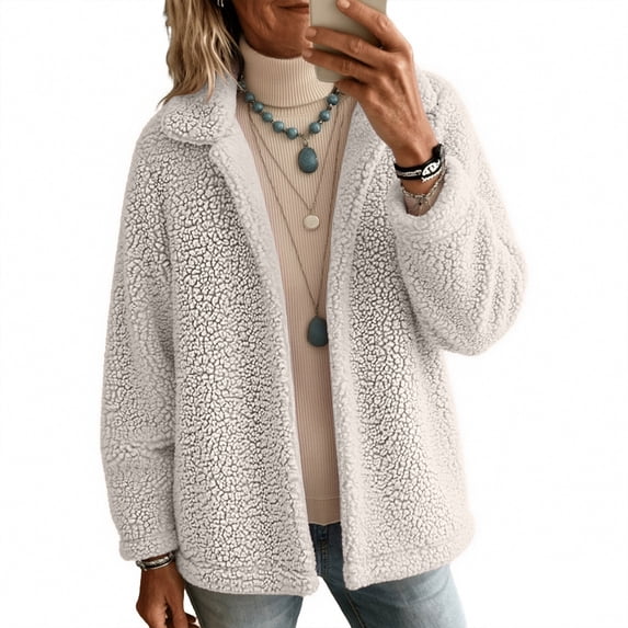 Hearthz Women's Lapel Collar Cropped Sherpa Jacket, Open Front Fluffy Teddy Fleece Long Sleeve Coat with Side Pockets, Casual Lightweight Outerwear for Fall Winter Daily Travel