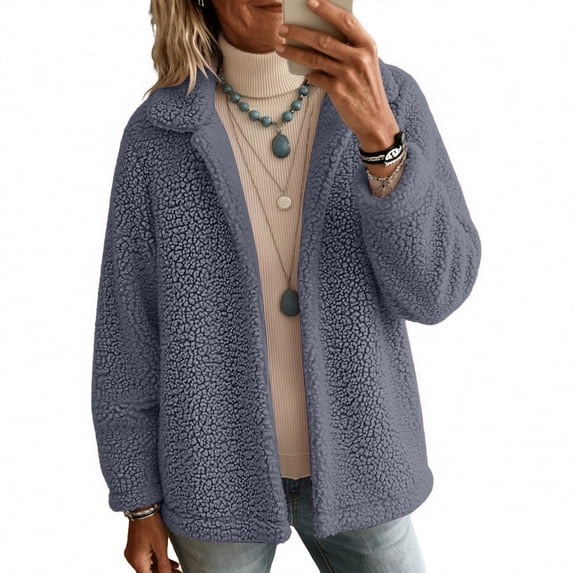 Hearthz Women's Lapel Collar Cropped Sherpa Jacket, Open Front Fluffy Teddy Fleece Long Sleeve Coat with Side Pockets, Casual Lightweight Outerwear for Fall Winter Daily Travel