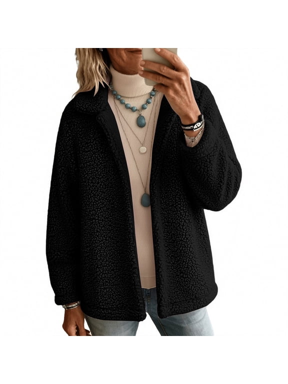 Women's Lapel Collar Cropped Sherpa Jacket, Open Front Fluffy Teddy Fleece Long Sleeve Coat with Side Pockets, Casual Lightweight Outerwear for Fall Winter Daily Travel