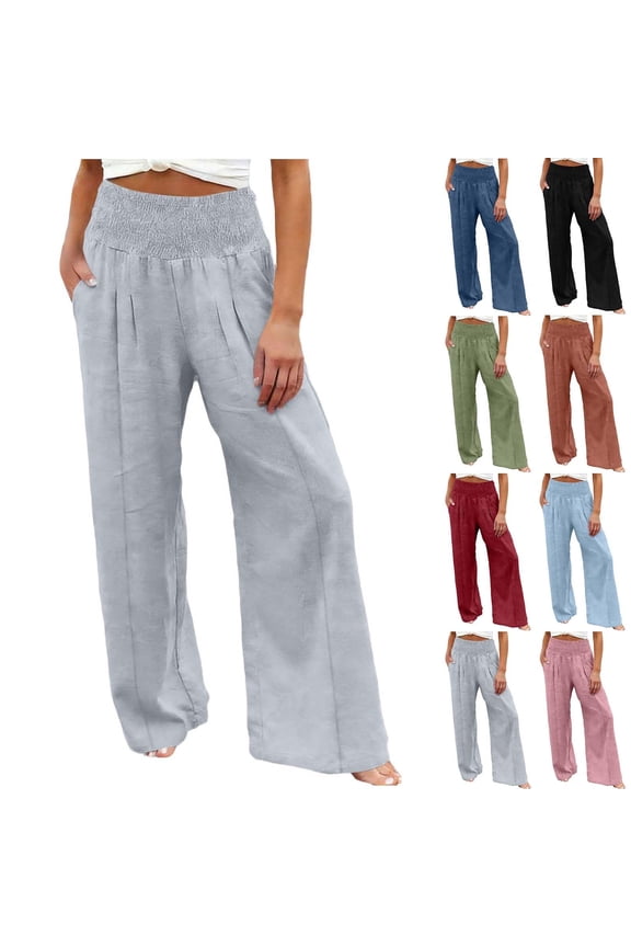 Women's Linen Pants Smocked Waist Loose Pants for Women Wide Leg Beach Palazzo Pants for Women Dressy