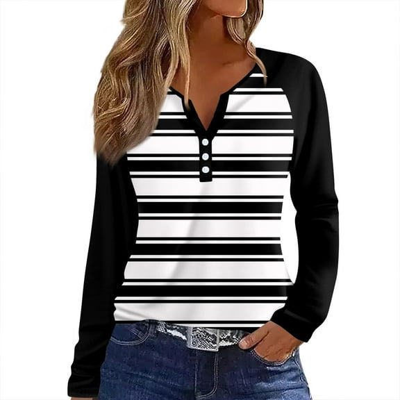 Hearthz Women’s Long Sleeve Basic Shirts Color Block Button V-Neck Henley Tops for Women Cotton Trendy Fall Fashion Winter Raglan Sleeve Women