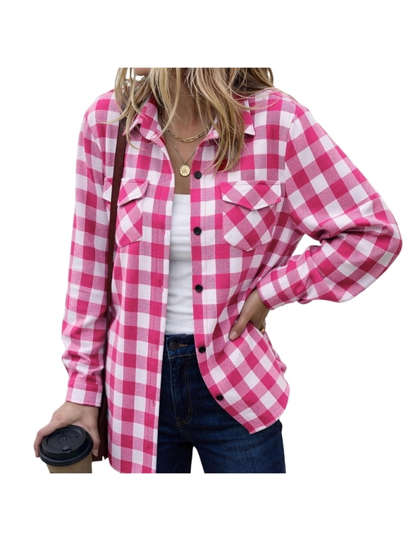Women's Long Sleeve Buffalo Check Plaid Shirt, Lapel Collar Button Down Shacket with Chest Pockets, Casual Lightweight Oversized Outerwear for Spring Fall Daily Travel