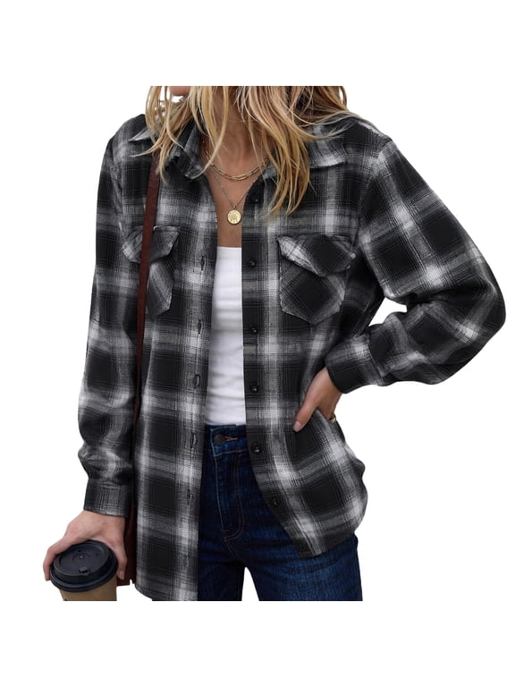 Women's Long Sleeve Plaid Shirt, Lapel Collar Button Down Buffalo Check Shacket with Chest Pockets, Casual Lightweight Oversized Outerwear for Spring Fall Daily Travel