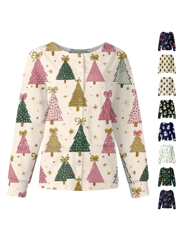 Women's Medical Scrub Jackets Christmas Snap Front Nurse Uniform Funny Xmas Warm Up Long Sleeve Scrub Top Women S-5XL