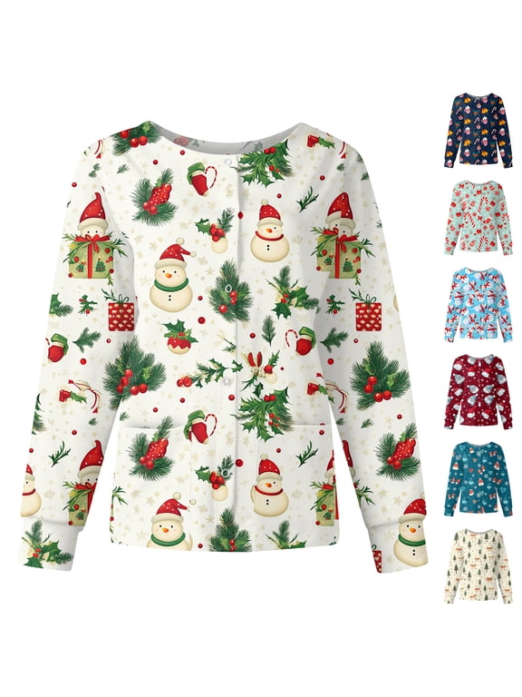 Women's Medical Scrub Jackets Merry Christmas Warm Up Workwear Scrubs Women Snowman Print Long Sleeve Snap Front Nurse Uniforms with Pockets S-5XL