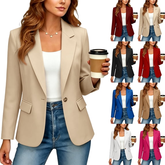 Hearthz Women's Notched Lapel Blazer Jacket, Long Sleeve Single Button Casual Suit Coat with Flap Pockets, Lightweight Business Casual Outerwear for Office Daily Travel