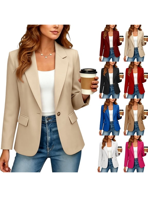 Women's Notched Lapel Blazer Jacket, Long Sleeve Single Button Casual Suit Coat with Flap Pockets, Lightweight Business Casual Outerwear for Office Daily Travel