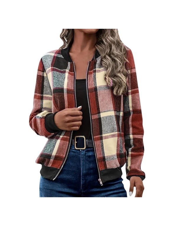 Women's Plaid Zip Up Bomber Jacket, Stand Collar Long Sleeve Checkered Coat with Ribbed Cuffs & Hem, Casual Lightweight Outerwear for Spring Fall Daily Shopping Travel