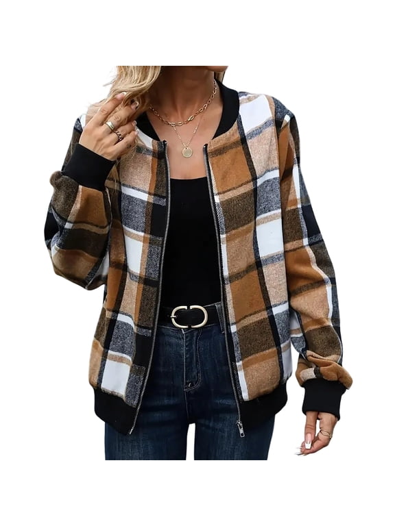 Women's Plaid Zip Up Bomber Jacket, Stand Collar Long Sleeve Checkered Coat with Ribbed Cuffs & Hem, Casual Lightweight Outerwear for Spring Fall Daily Shopping Travel