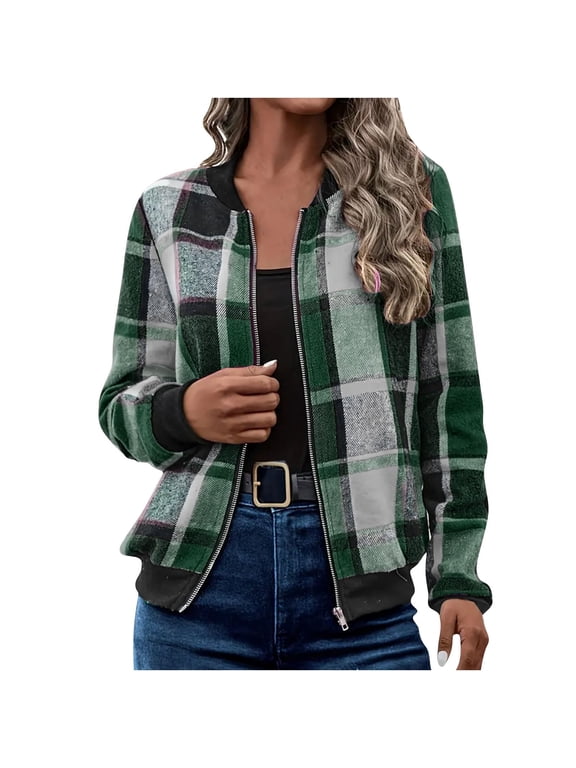 Women's Plaid Zip Up Bomber Jacket, Stand Collar Long Sleeve Checkered Coat with Ribbed Cuffs & Hem, Casual Lightweight Outerwear for Spring Fall Daily Shopping Travel