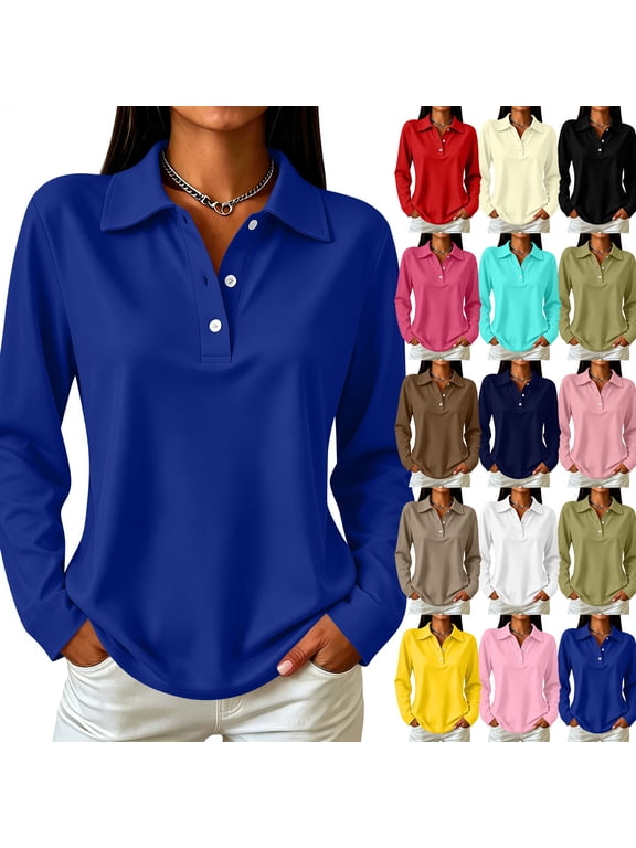 Women's Polo Shirts Basic Lapel Collar Long Sleeve Shirt Womens Fall Winter Solid Color Womens Golf Polo Uniform Tops Black L