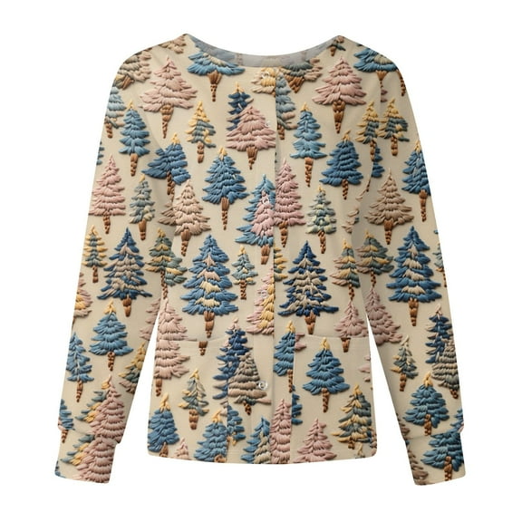 Hearthz Women's Scrub Jackets Christmas Long Sleeve Nurses Working Uniforms Snap Front Warm Up Scrubs for Women with Pockets